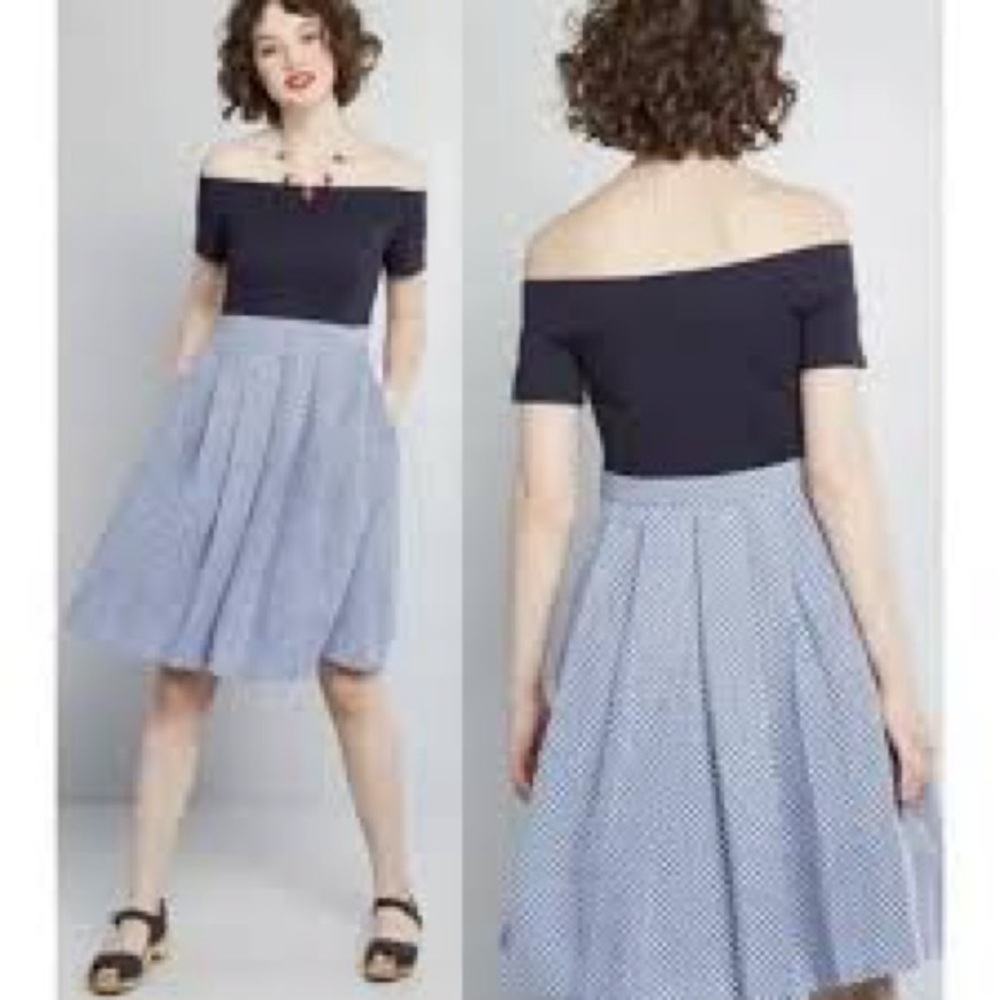 MODCLOTH Double the Lovely A-line Dress Jacquard Navy Blue White S Party Work